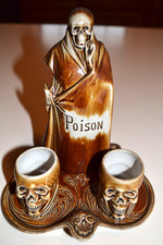 SCHAFER & VATER PORCELAIN POISON SKELETON DECANTER 2 SHOT GLASSES TRAY 4 REPAIR picture