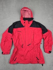 Vintage Columbia Jacket Mens Medium Red Anorak Hooded Snap Mid-Length Nylon 90s picture