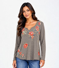 NWT Caite Kyla Seo Mollie Top Dark Grey Floral Embroidered Roses S Small picture