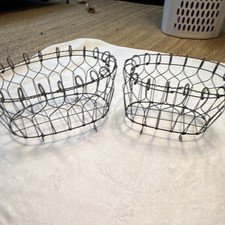 Antique French Country Wirework Nesting Baskets Pair Scalloped Rim No Weld picture