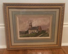 Antique 19th c Signed French Watercolor Landscape Painting, Church Countryside picture