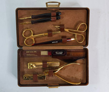 Vintage Revlon Manicure Grooming Set w/ Gold Tone Tools Leather Alligator Case picture
