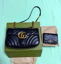 Gucci GG Marmont Black Chevron Quilted Shoulder Bag Chain Strap Gold AND wallet picture