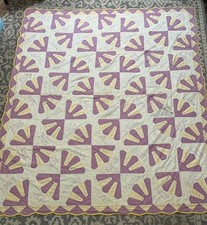 vintage Lilac and yellow Fan signature Quilt Dated 1933 approx 90X 79 picture