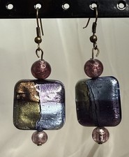 Vintage Iridescent Square Dangle Earrings Purple Blue Green Gold Multicolor picture