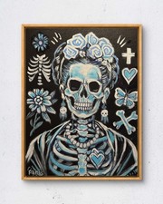 Faris Original 12x16 Folk Frida Kahlo Skeleton Portrait Painting Signed Canvas picture