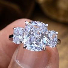 4.25Ctw Elongated Cushion Moissanite 3 Stone Engagement Ring 14K White Gold Plat picture