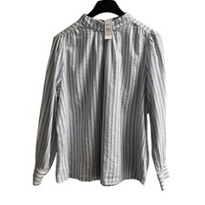 Loft Womens Top Blue Striped High Neck Keyhole Back Blouse Womens XL Preppy picture