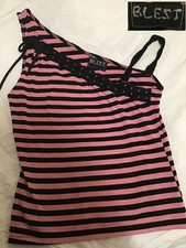 Blest 90s Y2k Vintage Hot Topic Pink Black Striped Asymmetrical Tank Top Shirt picture
