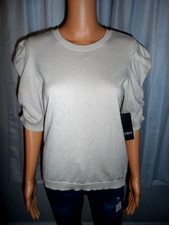 Pretty BCBG size M beige short puff rouched sleeve pullover shirt women NWT picture