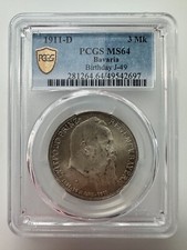 Bavaria, German State 3 Mark 1911-D Commemorative Birthday J-49 PCGS MS64 picture