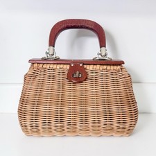 Vintage 1950s Wicker Basket Purse Wood Frame Handle Mid Century Handbag picture