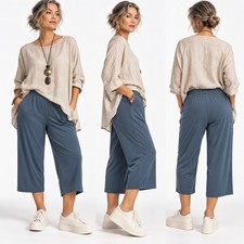 CHICO’S Size 2 “Travelers” BLUE Slinky Stretchy Knit Cropped Wide Leg Pants, EUC picture