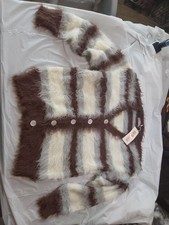 Bakyarder Women's Fuzzy Button Up Cardigan Sweater Sz Medium  Stripped Brown Gry picture