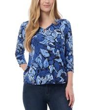 Jones New York Petite Printed Keyhole 3/4 Sleeve Top Women PM Blue Horizon Multi picture