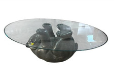VTG Black Bear Glass Top Coffee Table Animal Sculptural Base 45” Cabin Lodge picture