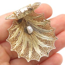 925 Sterling Gold Plated Vintage GV Portugal Real Pearl Filigree Shell Brooch picture