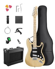 🎸 Donner DST-80 Electric Guitar Bundle SSS Pickups Wood Grain Design | Natural picture