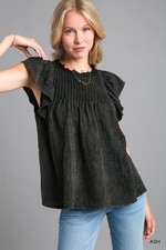 Umgee Ash Black Snow Wash Pin-Tuck Round Neck Top with Flutter Sleeves picture