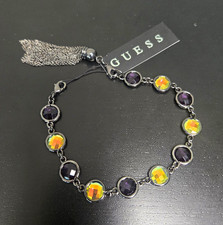 GUESS Silver-Tone Cable Chain Bracelet Purple/Yellow Crystal Tassel Dangle picture
