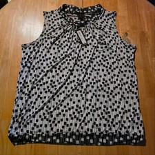 Worthington Black White Sleeveless Blouse Pleated Neck Blouson Hem NWT Size XL picture