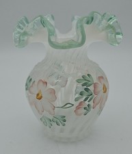 Fenton Hand Painted Wild Rose Satin Glass Vase picture