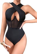 CRIPOM Women's Black Bodysuit Criss Cross Tops Sleeveless Women Club XL picture