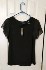 NWT Atelier 29 Top Black Short Sheer Sleeves Womens Medium Stretch Keyhole Shirt picture