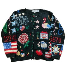 Eagle’s Eye Vtg 90s Teacher Cardigan Sz L Teddy Bear Patriotic Flag Rose Abc ￼￼ picture
