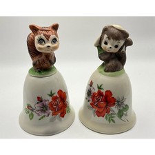 Adorable Vtg Kitschy Woodland Creatures Porcelain Bells w/Floral Accents Set/2 picture