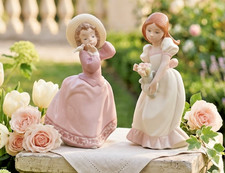 2 Lladro Golden Memories Figurines 1991 Daisa Girl w Bird Dove & Girl w Tulips picture