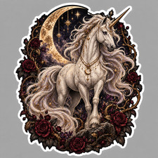 Fantasy Unicorn Sticker Vinyl Decal White Celestial Horse Moon Gothic Roses picture