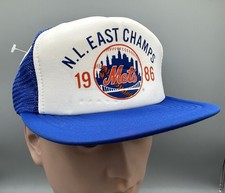Vintage 1986 New York Mets World Champions Snapback Hat Cap Trucker Mesh Blue picture