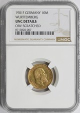 1901-F Germany 10 Mark Gold Württemberg NGC UNC Details Obv Scratched picture