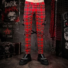 Men Goth Bondage Red Plaid Slim & Fit Alternative Punk Rebel Rock Trouser Pant picture