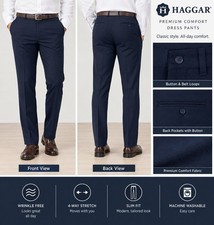 Haggar Men 32X32 Premium Comfort Slim Fit Flat Front Stretch Dress Pants Blue HT picture