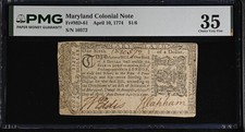 1774 Apr. 10 Maryland Colonial 1/6 Dollar Fr MD-61 PMG 35 Choice VF Note picture