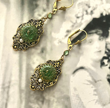 Lovely Vintage Art Deco Green Glass Assemblage Button Earrings,  Gold Toned,  2