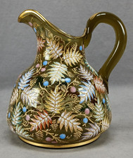 Antique Bohemian Moser Type Hand Enameled Flowers & Leaves Green & Gold Pitcher picture