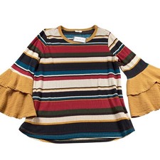 Oddi Womens 2XL Multi Color Striped Waffle Knit Bell Sleeve Top picture
