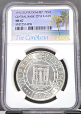 1972 DOMINICAN REPUBLIC SILVER 1 PESO CENTRAL BANK ANNIV NGC MS 67 RARE GEM COIN picture