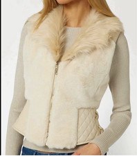 GUESS Women's White Faux Fur Collar Full Zip Pockets Vest Size M picture