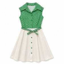 Vtg 70s Polka Dot Belt Dress Green White Mod Belted Psychedelic Retro S picture