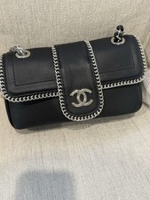 CHANEL Beauty Black Smooth Flap Bag Silver Woven Chain Shoulder Pouch picture