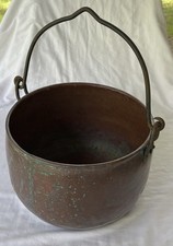 Vintage Solid Copper Cauldron Pot Hanging Handle Patina Farmhouse Large 12x8.75” picture