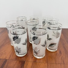 Set of 9 Vintage Libbey Silver Leaf Frosted Juice Glasses MCM 4