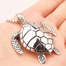 Large Silver Sea Turtle Pendant Necklace Stainless Steel Big Jewelry Men, Womans picture