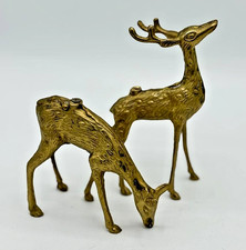 Vintage Solid Brass Deer Figurines Pair Stag & Doe Mid-Century Home Decor picture