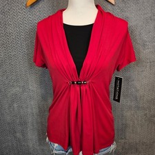 Notations Womens Red Layered Look Beaded Draped Top Short Sleeve Size M MITF0989 picture