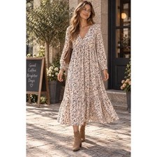Pretty Lavish Womens Pink Abstract Floral Tiered V-Neck Long Sleeve Maxi Dress M picture